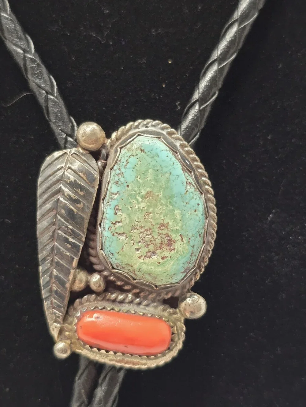 Vintage Native American Signed E&CR Sterling Silver Turquoise & Coral Bolo 36